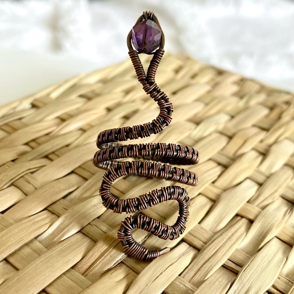 Handcrafted Copper + Amethyst Serpent / Snake Ring - Sz 7 - Picture 2 of 5
